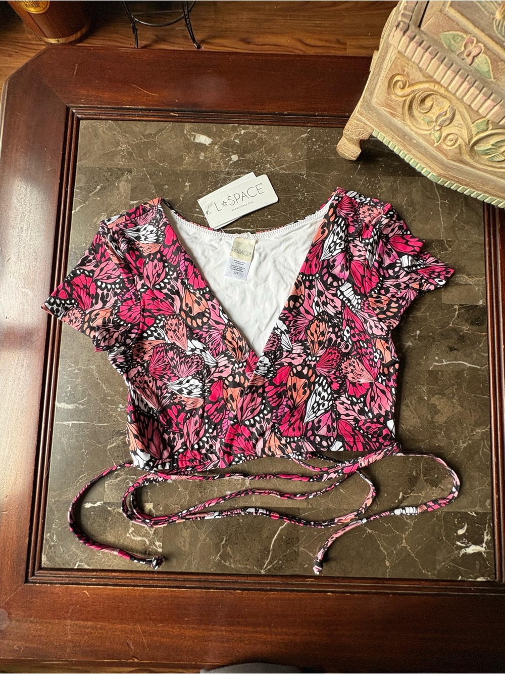 l*space S Pink & Coral Butterfly-Pattern Wrap Swim Top